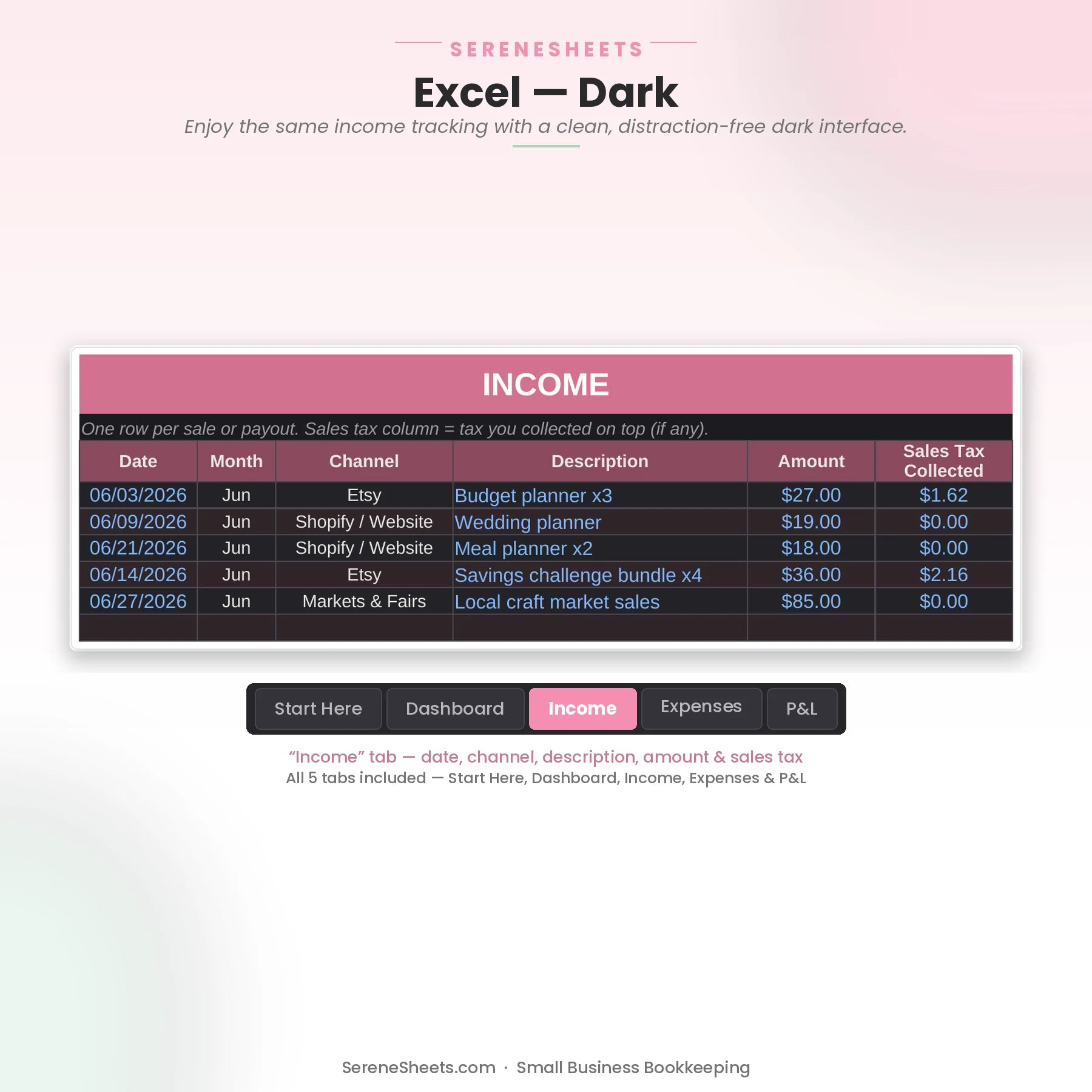 Small Business Bookkeeping Income tab in Excel dark mode showing the same sales log with a clean dark interface.