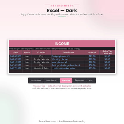 Small Business Bookkeeping Income tab in Excel dark mode showing the same sales log with a clean dark interface.