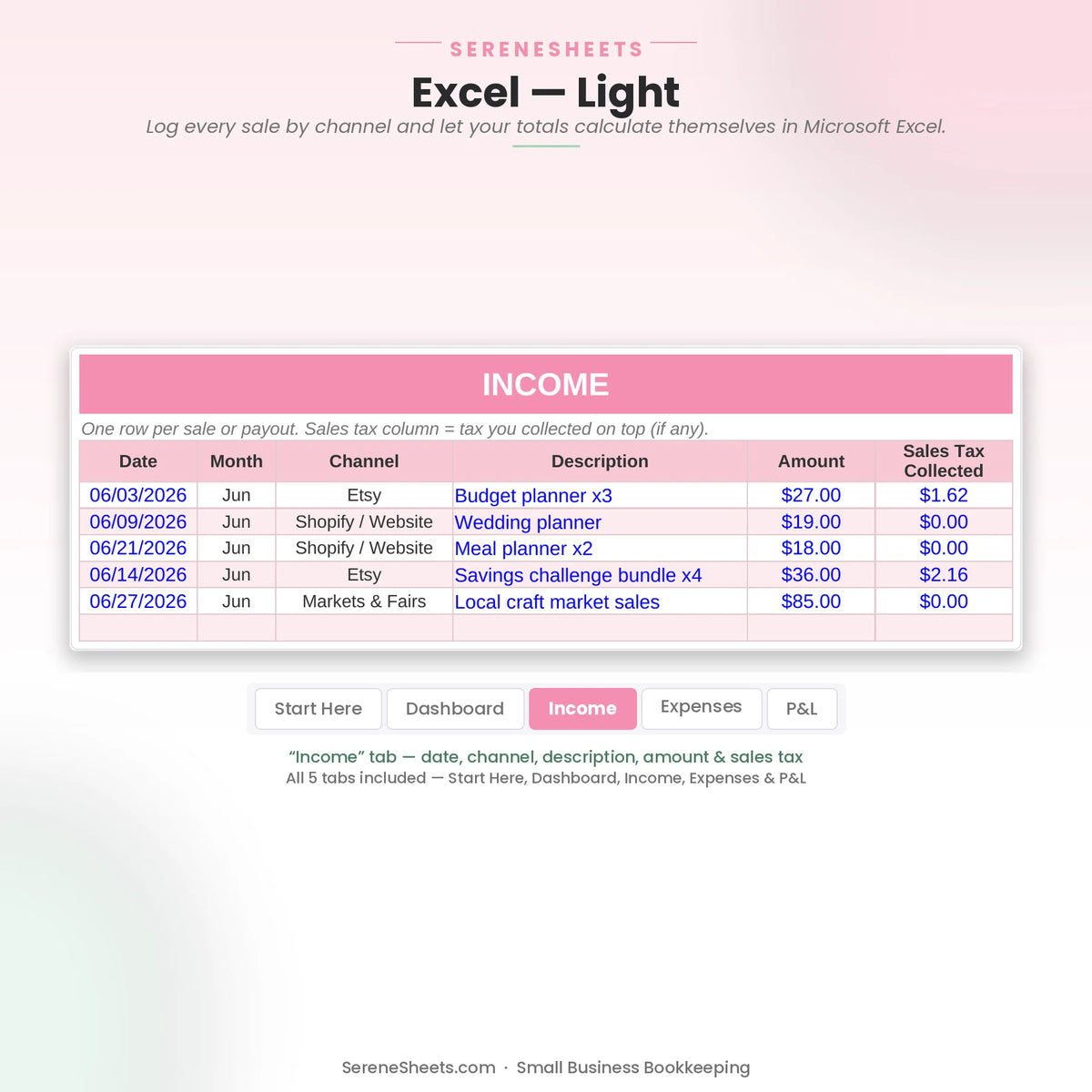Small Business Bookkeeping Income tab in Excel light mode showing date, channel, description, amount and sales tax.