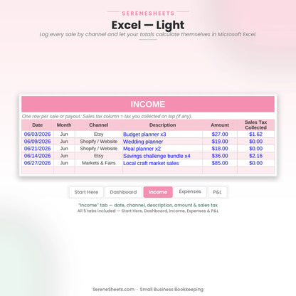 Small Business Bookkeeping Income tab in Excel light mode showing date, channel, description, amount and sales tax.