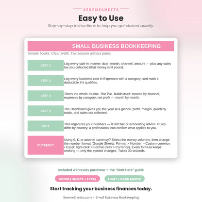 Small Business Bookkeeping Start Here guide showing four setup steps and a start-tracking-your-business-finances call to action.