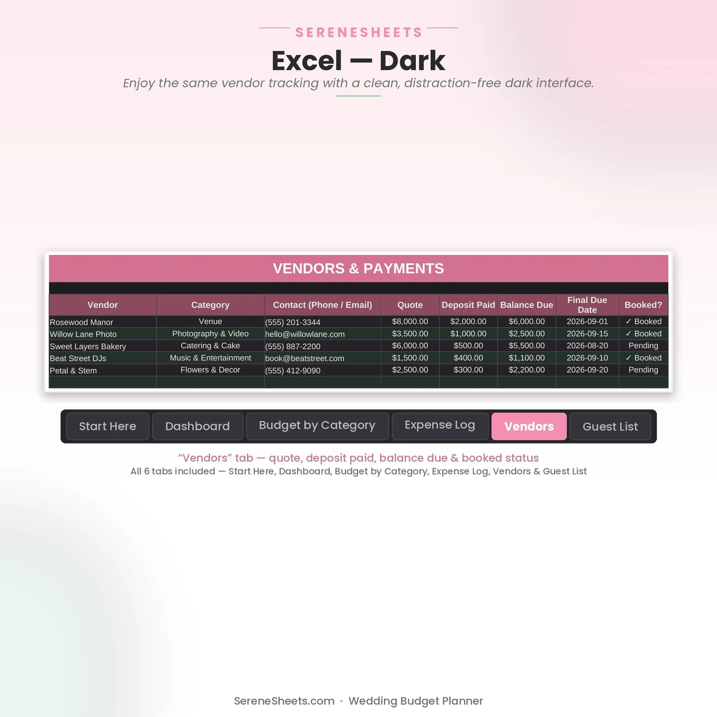 Wedding Budget Planner Vendors tab in Excel dark mode showing the same vendor list with a clean dark interface.