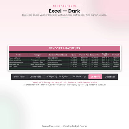Wedding Budget Planner Vendors tab in Excel dark mode showing the same vendor list with a clean dark interface.