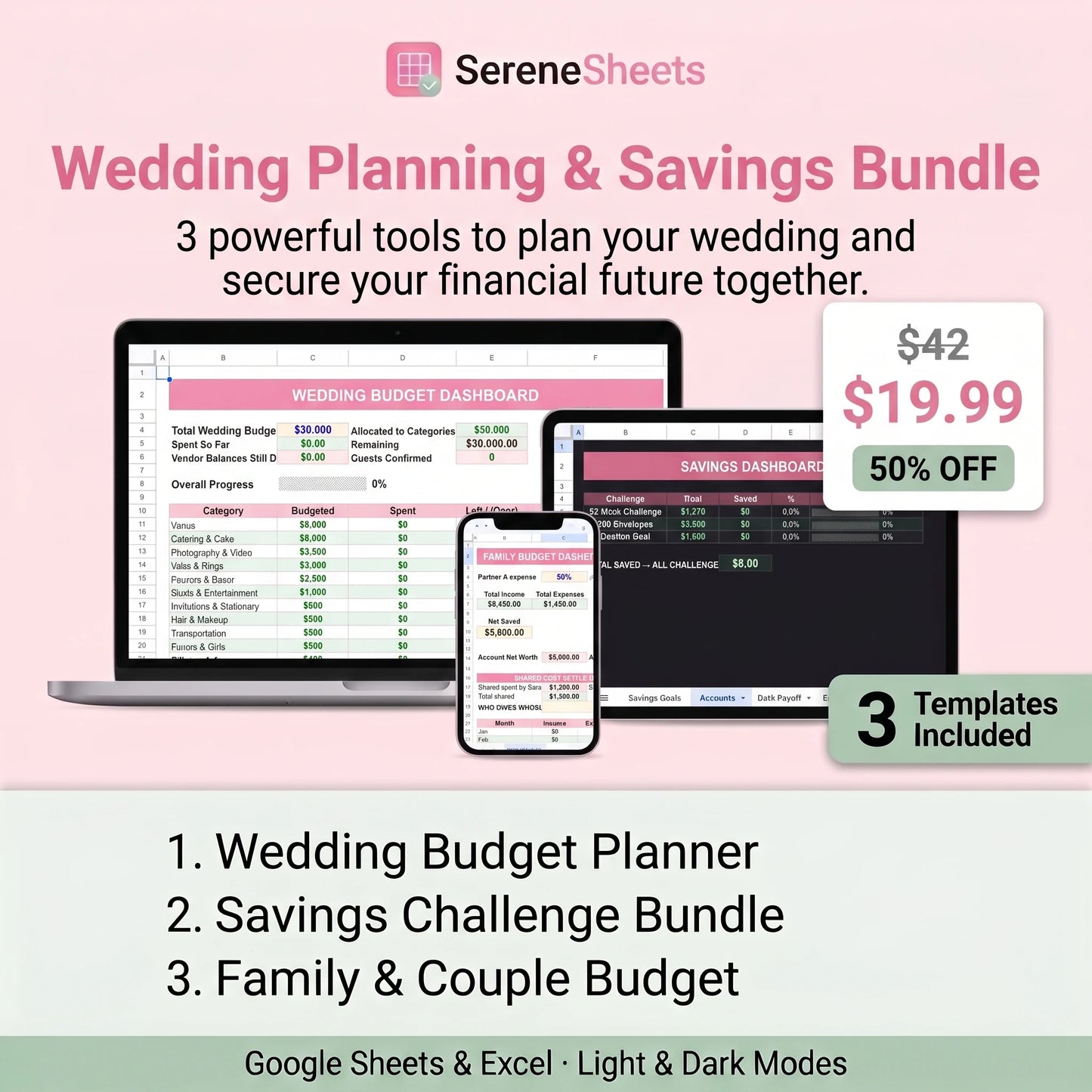 Wedding Planning & Savings Bundle — 3 Templates for Google Sheets & Excel