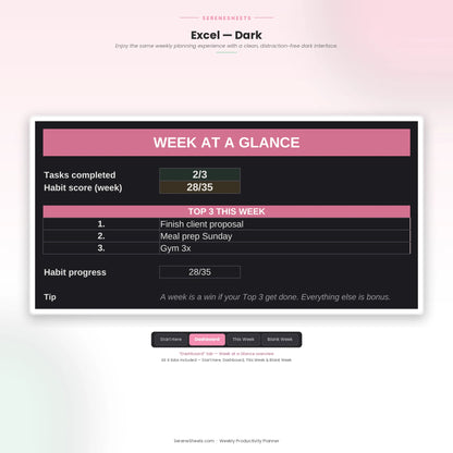 Weekly Productivity Planner in Microsoft Excel dark mode showing the Dashboard tab with weekly task and habit progress on a dark interface