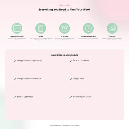 Weekly Productivity Planner features: weekly planning, task tracking, priorities, time management and progress tracking, included in Google Sheets and Excel with light and dark modes