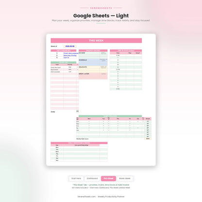 Weekly Productivity Planner in Google Sheets light mode showing the This Week tab with top 3 priorities, priority matrix, hourly time blocks, to-do list and weekly habit tracker